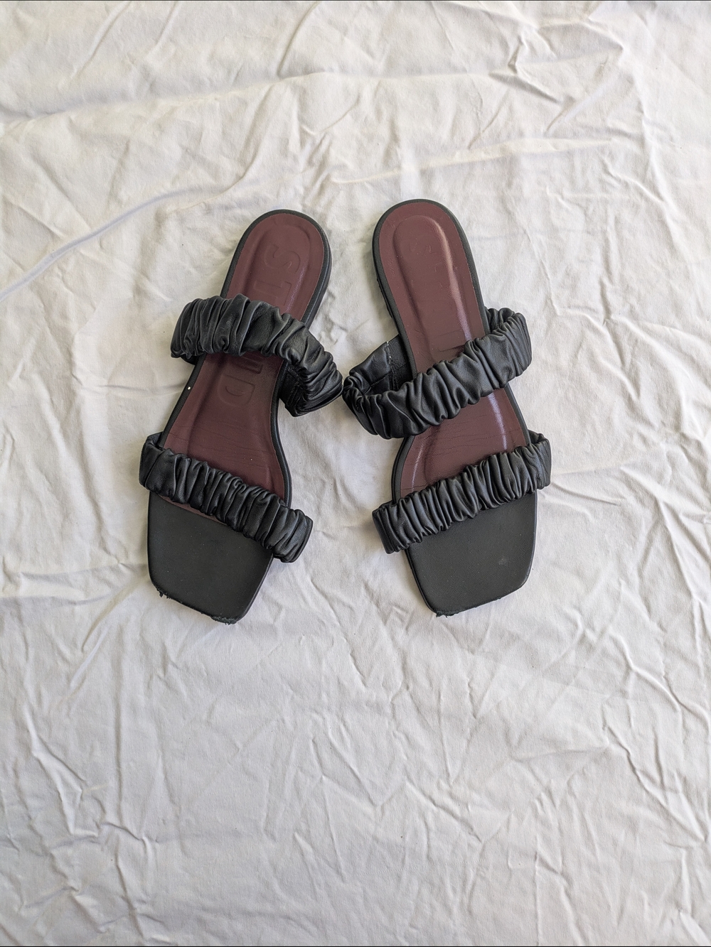 STAUD Black Ruched Double-Strap Slide Sandals